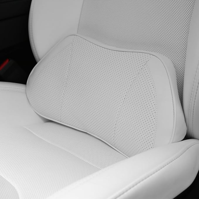 Car Lumbar Support Pillow for Driving Seat, White, 1 Pack | Leather Memory Foam Lumbar Cushion for Lower Back Pain Relief, Universal Back Support for Driving, Home & Office Chairs