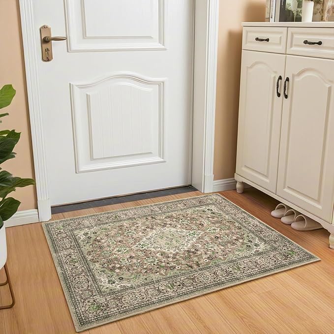 Green Small Washable Area Rug, 2x3 Boho Vintage Entryway Rugs, Soft Non Slip Floral Door Mat, Aesthetic Low Pile Carpet for Front Door Entry Carpets Entrance Bedroom Kitchen