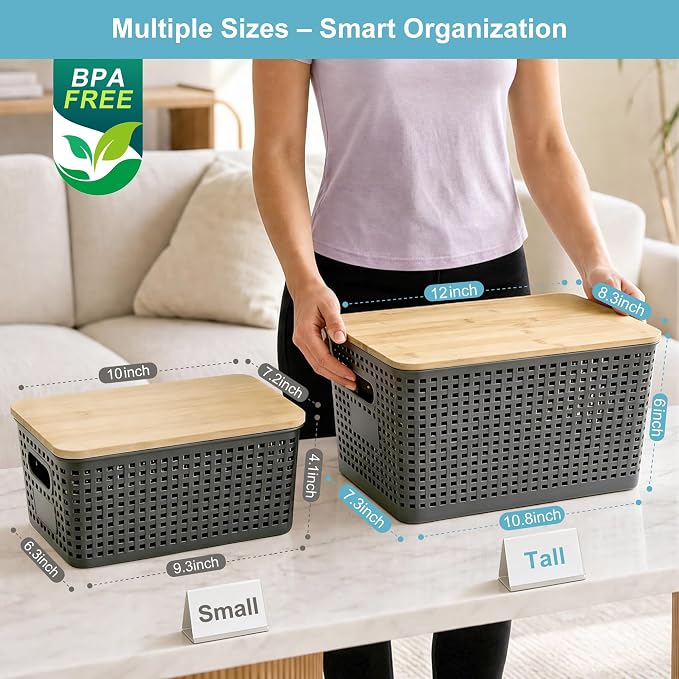 Bagnizer 2 Pack Tall Plastic Storage Bins with Bamboo Lids, 10.8qt Stackable Storages Baskets for Organizing Desktop Closet Playroom Classroom Office, 12"L x 8.3"W x 6.1"H, Gray