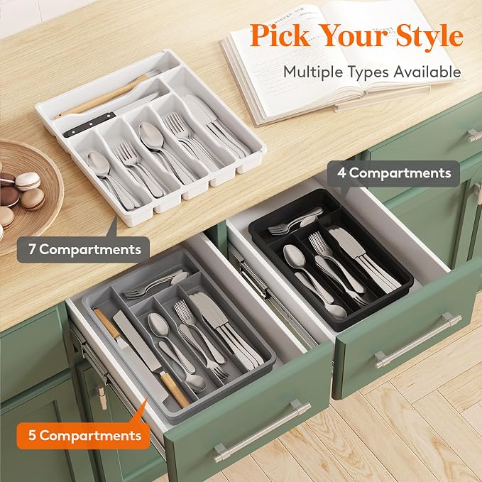 Lifewit Silverware Drawer Organizer Tray, Plastic Cutlery Storage for Kitchen, Flatware and Utensil Holder Divider for Spoons Forks Knives Tableware, 9.5 x 13.4", 5 Slots, Gray