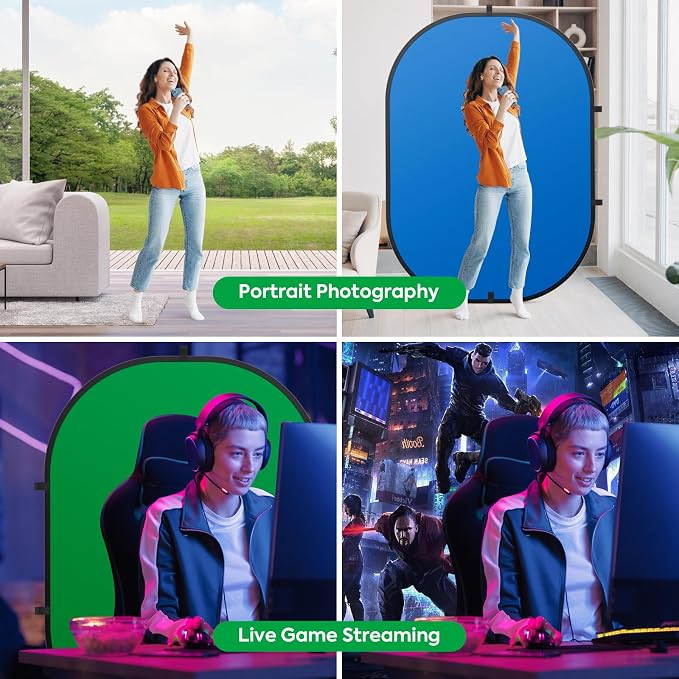 5X6.5ft Green Screen Backdrop for Photography, Double Sided Green Screen and Blue Screen, 2 in 1 Collapsible and Reversible Background for Photography, YouTube Videos,and Live Streaming
