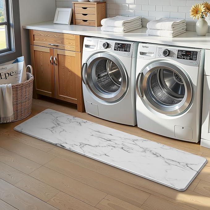 Marble White Kitchen Mats for Floor, Long Cushioned Anti Fatigue | Extra Long Coverage,Cushioned Comfort,Non-Slip Backing,Waterproof Surface,Soft Underfoot,Easy Clean,Kitchen Island