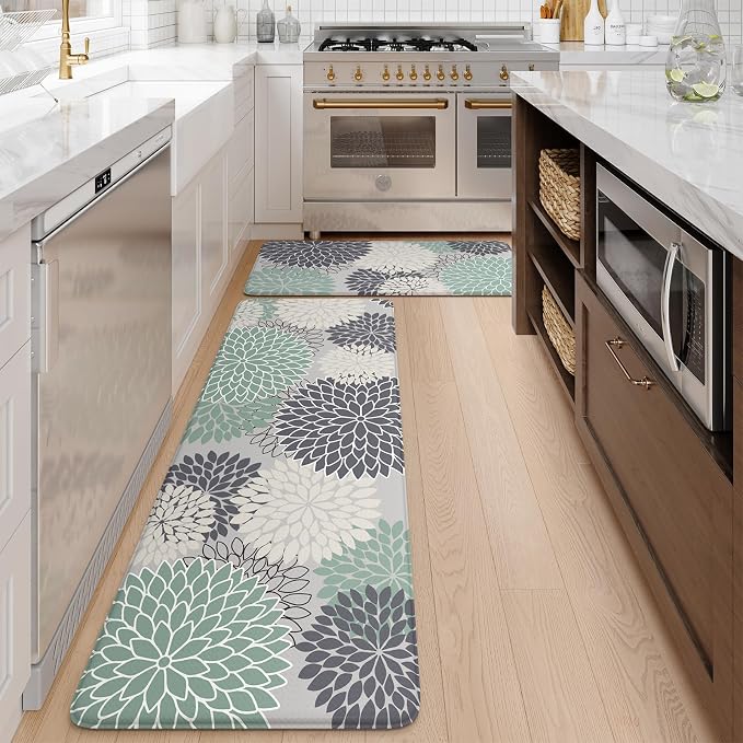 KIMODE Anti Fatigue Mats for Kitchen Floor Comfort Cushioned Rugs Sets of 2 | 20"x32"+20"x47",Teal,Floral Farmhouse, Waterproof,Ergonomic Standing Mat 2PCS,,Non Slip,Kitchen Sink Rug,Laundry Office
