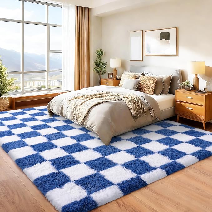 Area Rugs for Living Room Bedroom 9x12, Ultra Fluffy Shag Checkered Rug Modern Washable Carpet Soft Shaggy Non Slip Indoor Plush Fuzzy Rugs for Bedroom Dorm Office Home Aesthetic Decor, Navy and White