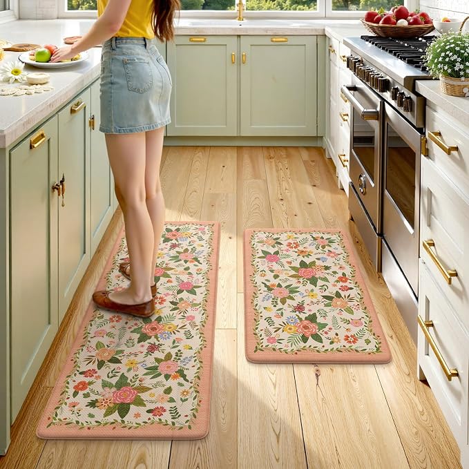 KIMODE Anti Fatigue Kitchen Mats, Padded Kitchen Floor Mats 17"x47"+17"x29" | Farmhouse Kitchen Rugs Sets of 2, Pink Rugs for Kitchen Floor, Cushioned Standing Mat for Laundry Office Bath Sink Desk Dorm