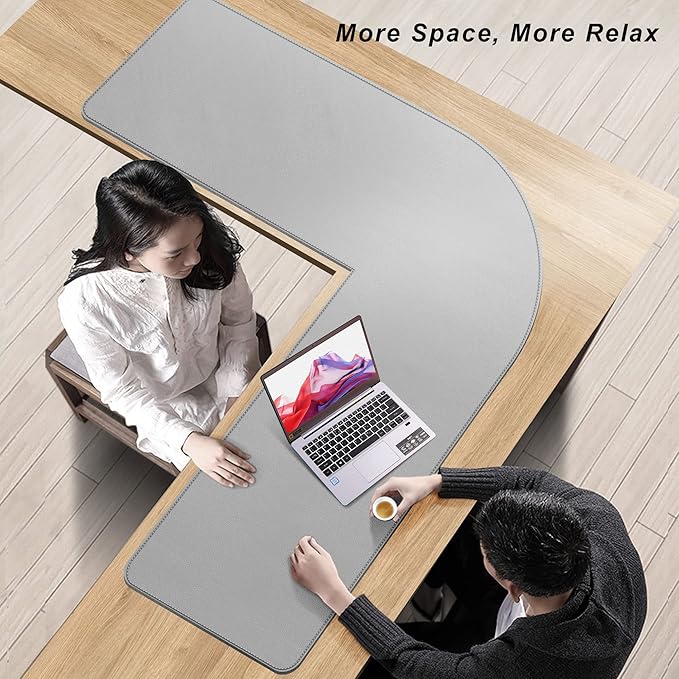 Vyaaa L-Shaped Leather Desk Pad, Gaming Mouse Pad for Corner Desk Mat, Office and Home, 43 x 43 x 15.7 Inch, Light Gray