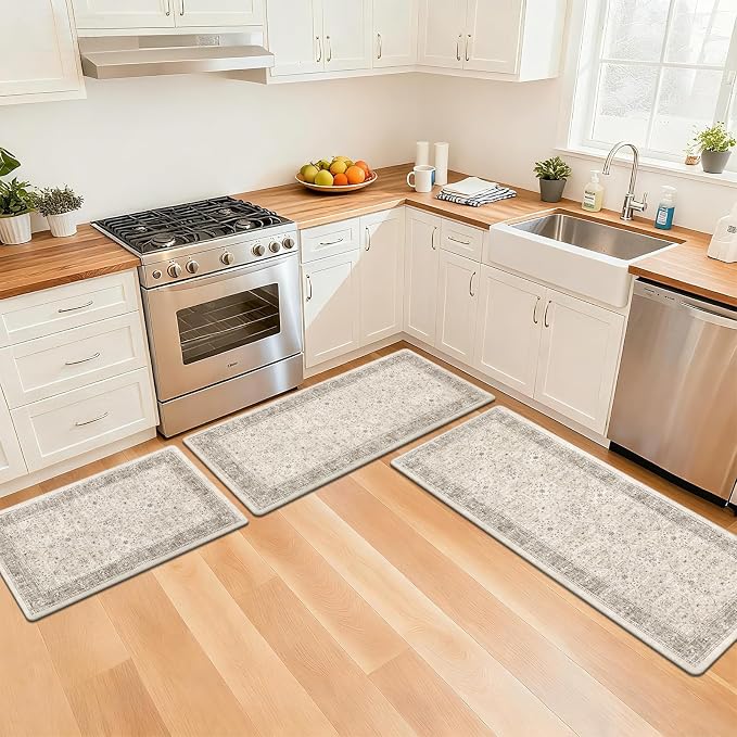 Pauwer Anti Fatigue Kitchen Floor Mats Set of 3, Cushioned Rugs, Khaki | Non Slip Comfort Standing Mat, PVC Foam Padded Kitchen Rugs, Waterproof Sink Rug for Small Kitchen Area, Laundry Room