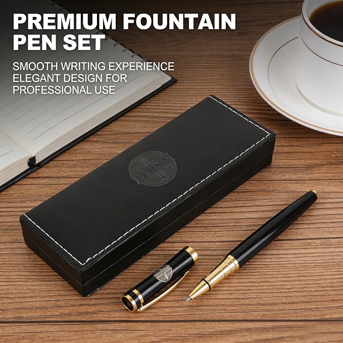 LUHSIN Premium Black Lacquer Rollerball Pen with Gold Trim - 0.5mm Smooth Writing Business Pen, Luxury Executive Gift Set for Men & Women, Office Signature Pen