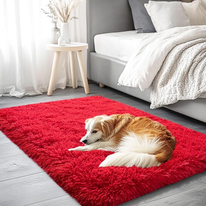 Red Area Rug for Bedroom, 2x3 Small Rugs for Living Room Nursery Kids Room Dorm Home Decor Aesthetic, Fluffy Shaggy Rug with 4 Anti-Slip Carpet Tapes