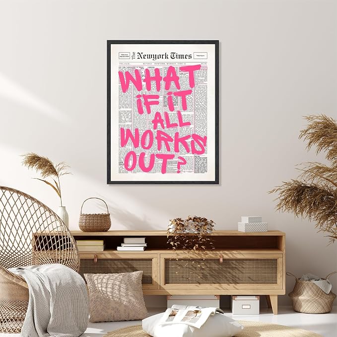 Vintage What If It All Works Out Canvas Wall Art Retro Newspaper Pink Font Poster Positive Affirming Quote Minimalist Prints Painting for Bedroom Study Dorm Wall Decor 24x36inch Black Frame