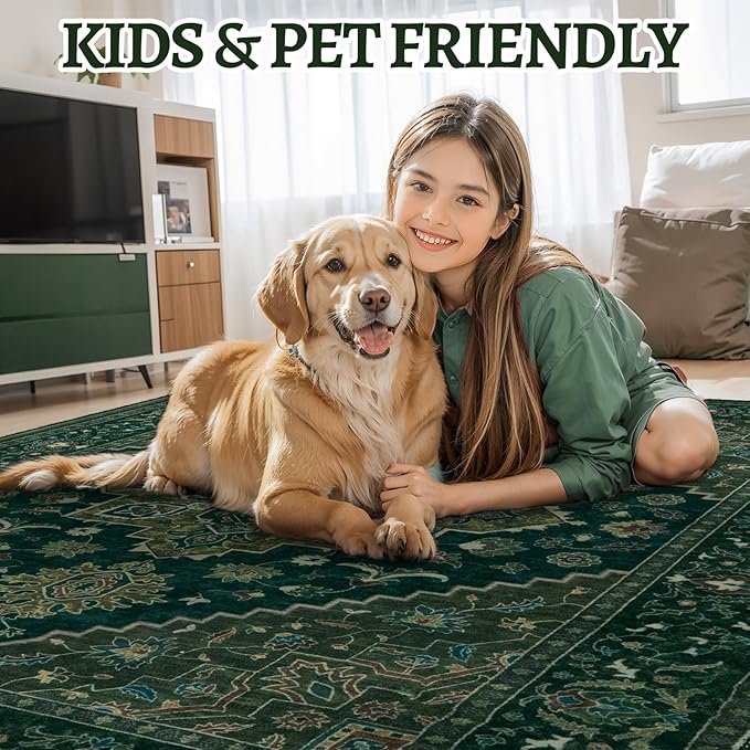 Tangsoo 2x6 Washable Runner Rug for Hallways, Dark Green Non Slip Vintage Runner Rug, Soft Oriental Low Pile Long Rug Runner, Carpet Runners for Kitchen Bedroom Entryway Bathroom Living Room