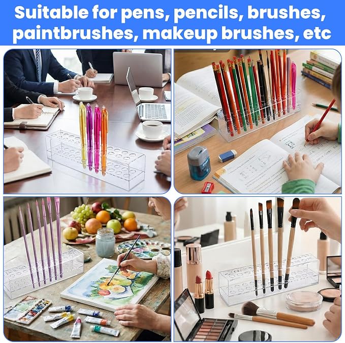 2 Pcs Acrylic Pen Holder, 24 Slots Pen Stand for Storage, Clear Pencil Display Stand, Acrylic Makeup Brush Display Rack Organizer for Art Paint Brush Home Office Desk Supplies