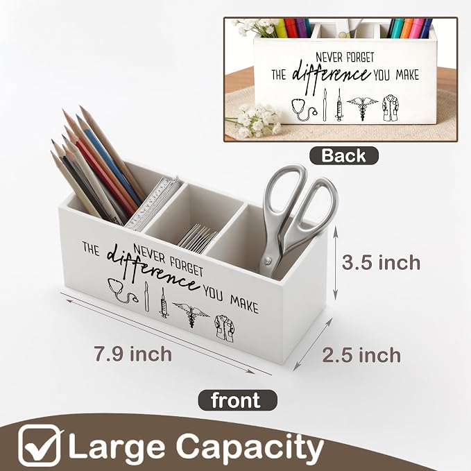 Motivational Doctor Nurse Wooden Pen Holder for Desk, Never Forget the Difference You Make Inspirational Pencil Organizer Wooden Box Sign for Medical Nursing Office Home Decoration