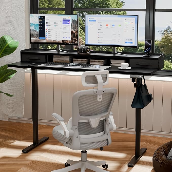 YESHOMY 63" x 23" Electric Standing Desk with 2 Drawers, Height Adjustable Computer Desk, Low Noise Home Office Stand Up Desk with 2 Preset Heights & 2 Hooks, Black