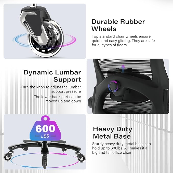 Big and Tall Office Chair 600lbs with 3D Flip Arms Adjustable Headrest - Heavy Duty Large Wheels Executive Computer Desk Chair, Ergonomic Lumbar Support Mesh High Back Plus Size Chair for Adults