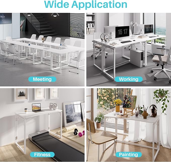 JOYMOOP White Folding Desk - 40", No Assembly Middle Size Foldable Desk for Home, Office, Wooden Top Folding Computer Desk for Working, Writing, Studying