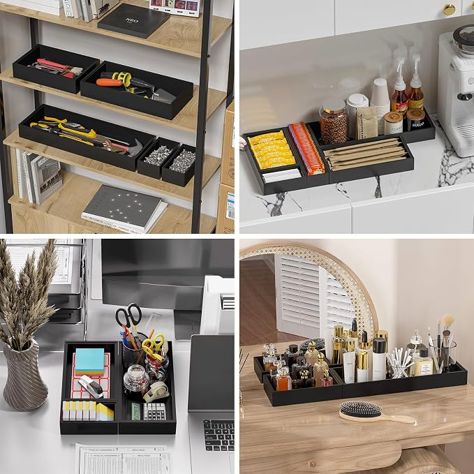 Lixple Bamboo Drawer Organizer, Extra Large Silverware Organizer for Kitchen Drawer, Stackable Utensil Organizer, 2 Pcs Toilet Tank Topper Tray, Wooden Toilet Paper Basket (Black, 17 X 6 X 2 Inch)