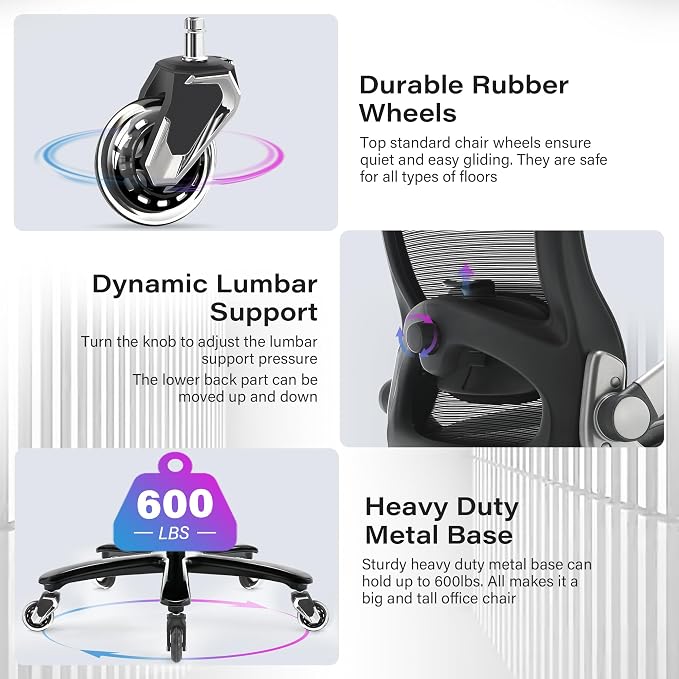 Big and Tall Office Chair 600lbs with 3D Flip Arms Adjustable Headrest - Heavy Duty Large Wheels Executive Computer Desk Chair, Ergonomic Lumbar Support Mesh High Back Plus Size Chair for Adults