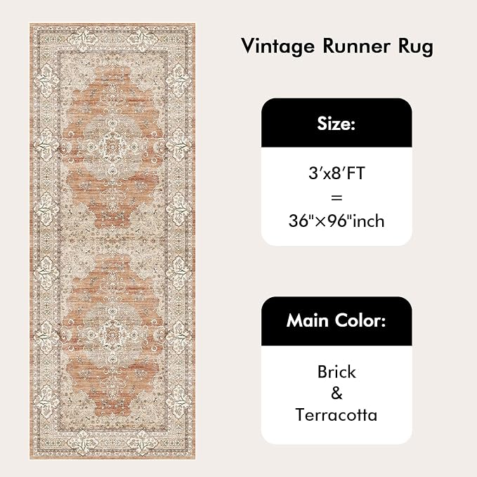 3x8 Runner Rug for Hallway Washable: Non Slip Kitchen Rugs with Rubber Backing Soft Waterproof Mats Stain Resistant Indoor Vintage Carpet Runner for Bedroom Bathroom Laundry Entryway Brick/Terracotta