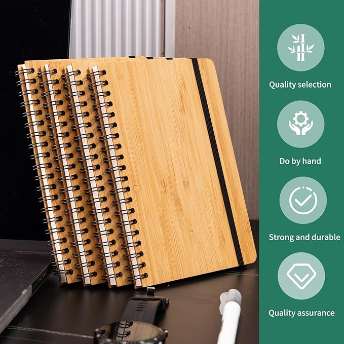 4 Packs Lined Bamboo Notebook Journals, Wooden Notebooks 80 Pages, 5" * 7" Hardcover Notebook College Thick Paper Notebook, Journaling Notebook for Work Women Men School