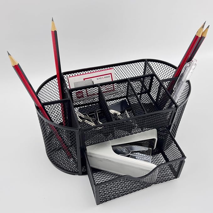 Fengtaiyuan T12, Black Metal Wire Mesh Pencil Holder for Desk, Pencil Cup for Office, Pen Holder for School, Desktop Organizer, Office Storage Box (T12)
