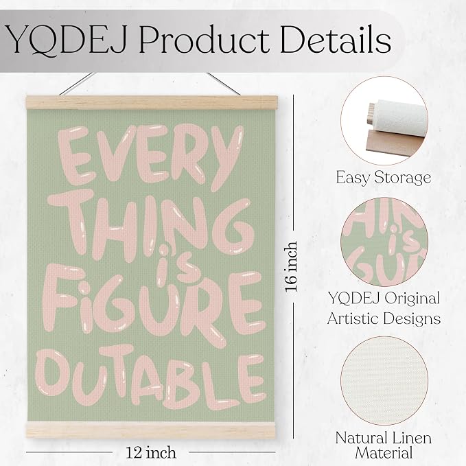YQDEJ Pink Green Everything Is Figureoutable Inspirational Wall Art Poster Hanger Frame, Pink Green Positive Affirmations Wall Decor, Motivational Wall Art for Home Office Classroom, 12x16 Inch