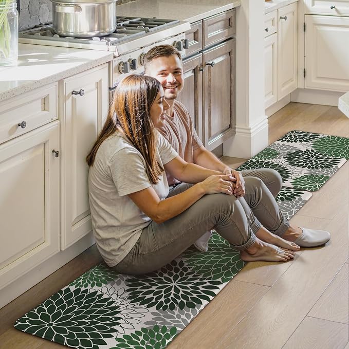 KIMODE Kitchen Mat Anti Fatigue Cushioned Kitchen Rugs Sets of 2 Decor | Dahlia Floral Boho,Non Slip Rubber Backing,Green,Waterproof,Farmhouse Standing Mat Christmas Decor for Laundry Kitchen Sink