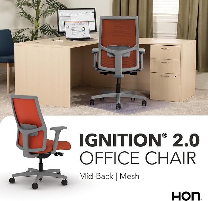 HON Ignition 2.0 Mid‑Back Ergonomic Office Chair, Mesh Task Seating with Lumbar Support, Advanced Synchro‑Tilt, Height and Width Adjustable Arms, Titanium Frame, Salamander
