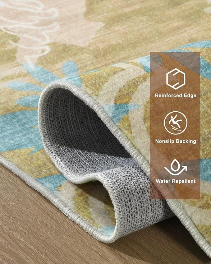 Macgace Washable Abstract Rug, 8x10 Willow Green and Blue Floral Area Rugs with Non-Slip Rubber Backed for Living Room, Low Pile Modern Throw Carpet Bedroom Dining Room Decor