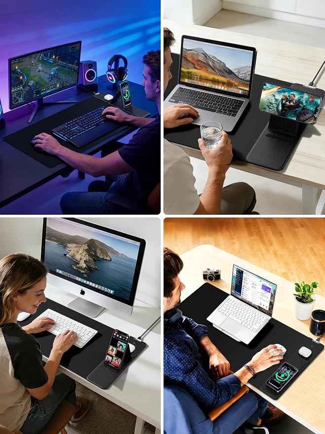 Mouse Pad with Magnetic Wireless Charger & Adjustable Phone Stand | 31.5"x15.8" Full Desk Coverage Mousepad, Waterproof Ultra-Smooth Desk Mat, Non-Slip Base, Black
