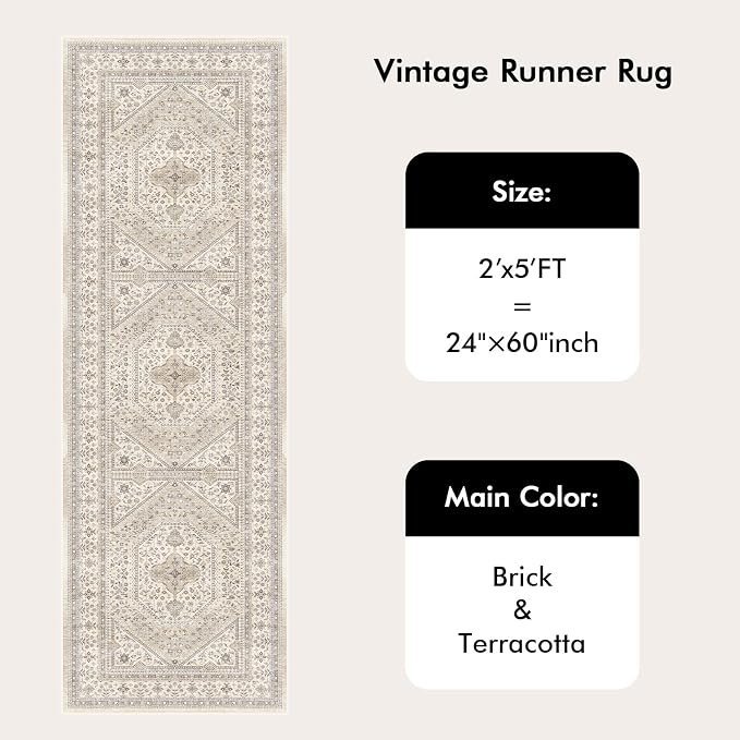 2x5 Runner Rug for Hallway Washable: Non Slip Kitchen Rugs with Rubber Backing Soft Waterproof Mats Stain Resistant Indoor Vintage Carpet Runner for Bedroom Bathroom Laundry Entryway Beige/Gray
