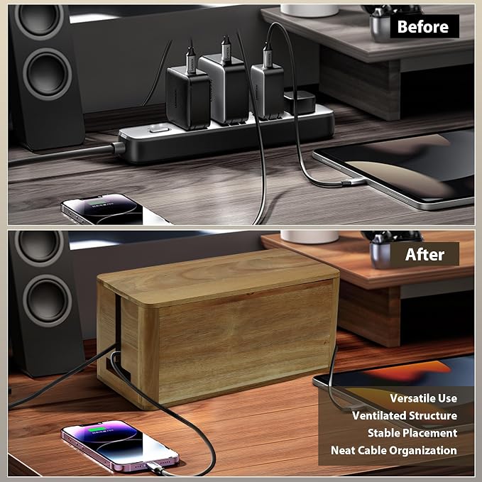 Large Acacia Wood Cable Management Box, Magnetic Lid, Cable Organizer | Ventilated Design, Cord Organizer Power Strip Box with Outlet Covers, Cord Hider for Desk and Floor Cable Storage