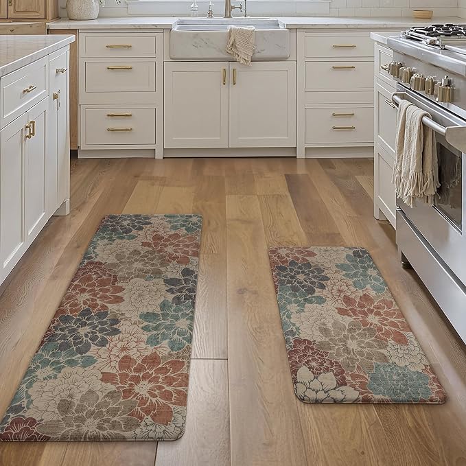 GENIMO Anti Fatigue Kitchen Mats for Floor 2PCS, Cushioned Standing Mats | 17.3"x47"&17.3"x30", Brick red vintage floral rug set, waterproof, non slip, easy-clean for farmhouse