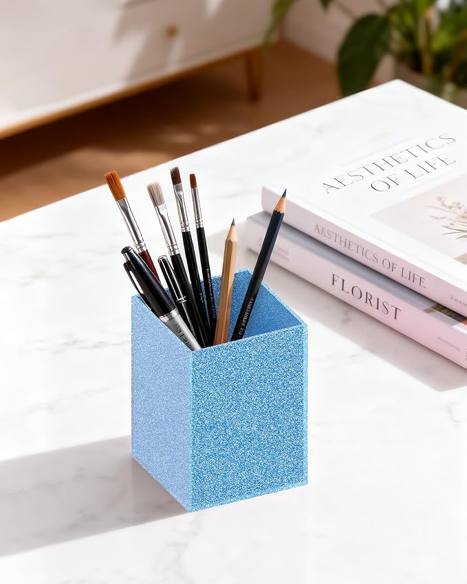 Acrylic Pen Holder Desk Organizer for Office, Blue Glitter | Sparkling glitter acrylic makeup brush and pencil holder for desk, Modern desktop organizer for home, school and office