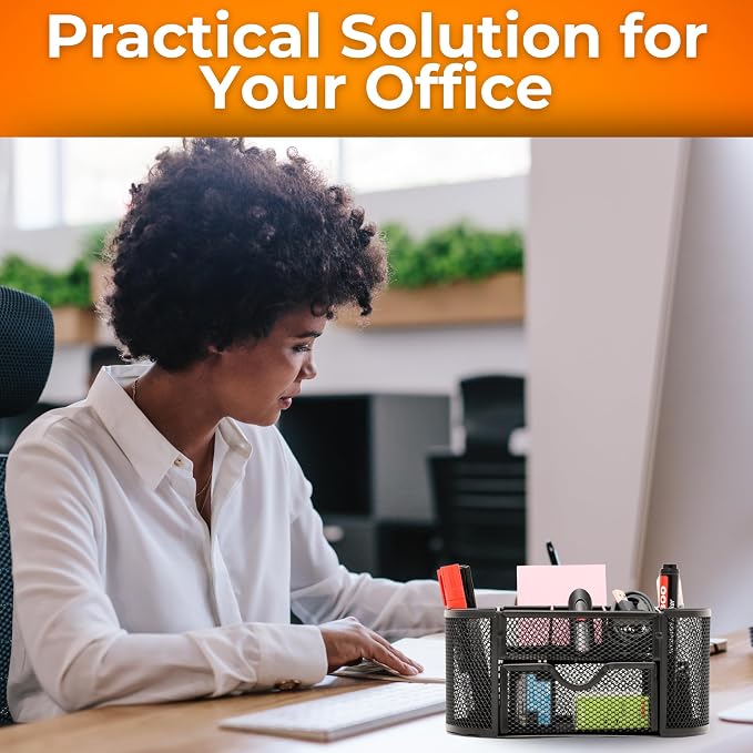 Pen Holder Desk Organizer – 9-Compartment Pencil Holder Desk Organizer with Drawer Tray – Desktop Organizer for Office Supplies and Stationery – Pen Holder for Home, Office, School - Black