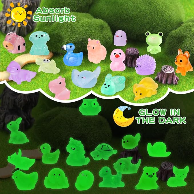240 PCS Luminous Mini Resin Animals 30 Styles Miniatures Animal Figurines Glow in the Dark Tiny Little Animals Figures to Hide for DIY Fairy Garden Micro Landscape Dollhouse Aquarium Party Decor