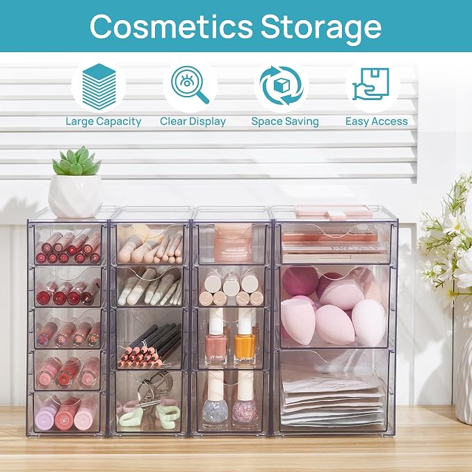 Vtopmart 4 Set Acrylic Desk Organizer with 16 Drawers for Office, Makeup | Clear Storage Drawers for Office Supplies, Desktop Organization for Makeup, Jewelry, Art Crafts, Bead, Pen, Stationary