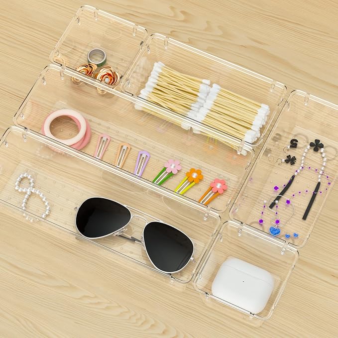 WOWBOX 9 Pack Clear Drawer Organizer Set, Acrylic Drawer Storage Trays, Storage Bins for Makeup, Cosmetics, Jewelries, Utensils, Gadgets, Office