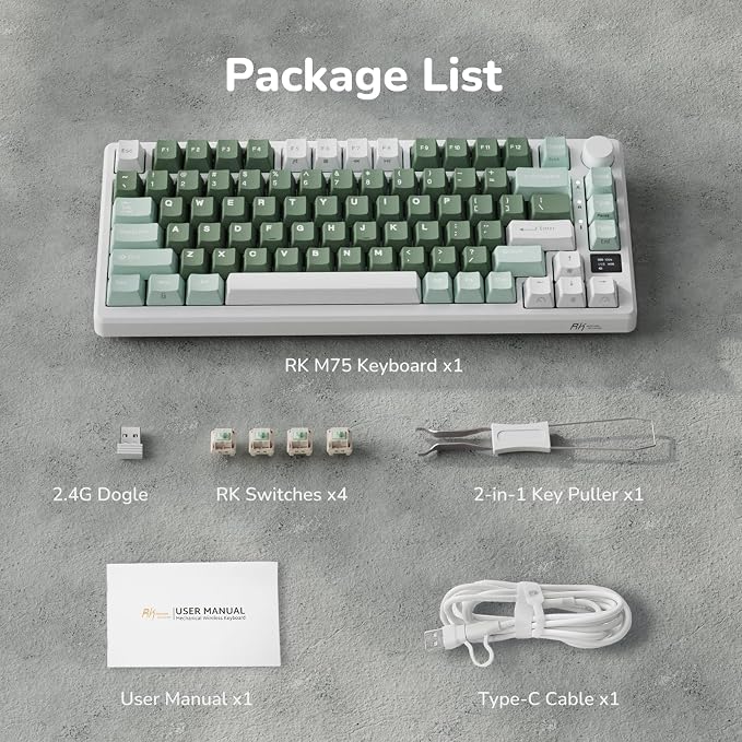 RK ROYAL KLUDGE M75 Wireless Mechanical Keyboard 2.4Ghz/BT5.1/USB-C Gaming Keyboard 75% Layout 81 Keys Gasket Mount with OLED Display & Knob RGB Backlight Hot-Swappable Pale Green Switch, Green
