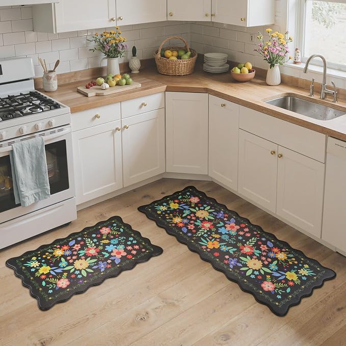 GENIMO Anti Fatigue Kitchen Mats for Floor 2PCS, Cushioned Standing Mats | 17.3"x47"&17.3"x30", Jet Black vintage floral rug set, waterproof, non slip, easy-clean for farmhouse