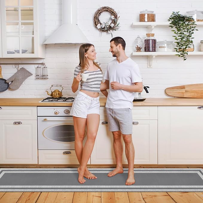 Kitchen Rugs Cushioned Anti Fatigue Kitchen Mats for Floor Ergonomic Comfort Standing Mat for Kitchen Non Slip Waterproof Memory Foam Kitchen Rug for Floor, Office, Laundry 17.3"x94.5" Grey
