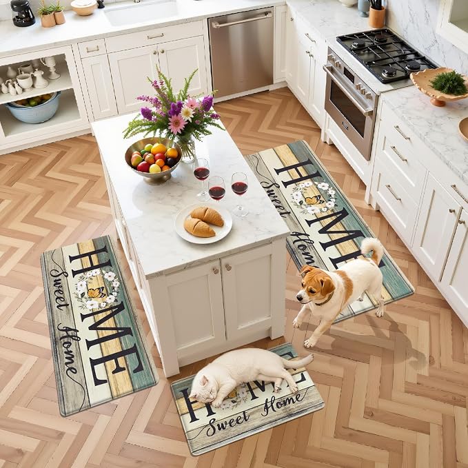 Yamaziot Anti Fatigue Kitchen Rug Set of 3, Non-Slip Cushioned Floor Mats | Waterproof, Stain Resistant, Farmhouse Cushioned Comfort Standing Desk Mat with Runner for Kitchen, Office, Sink, Laundry