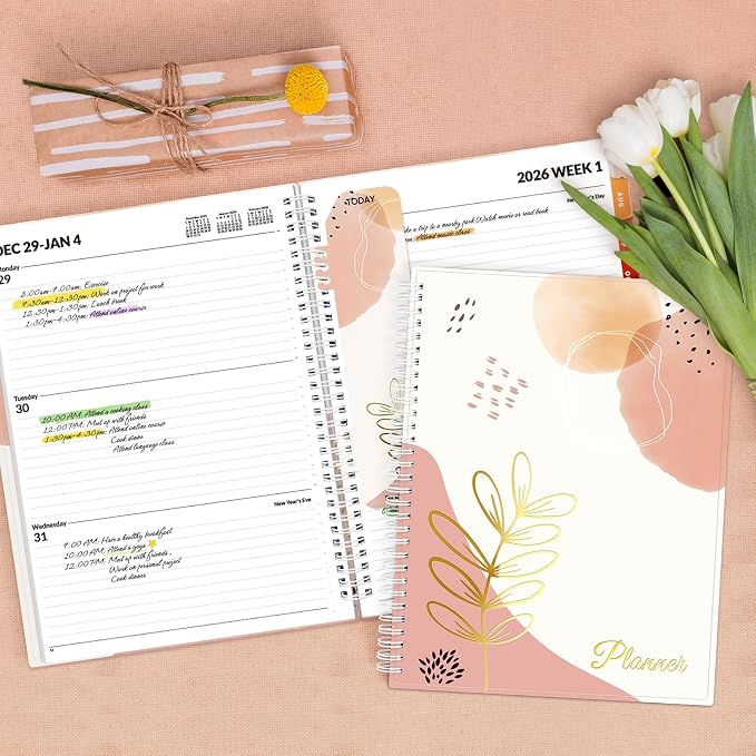 SUNEE 2026 Weekly and Monthly Planner - from January 2026 - December 2026, Daily Agenda Planner with Monthly Tab, Flexible Cover, Note Pages, Pockets, Bookmark, Spiral Binding, Pink Breeze, 8.5"x11"