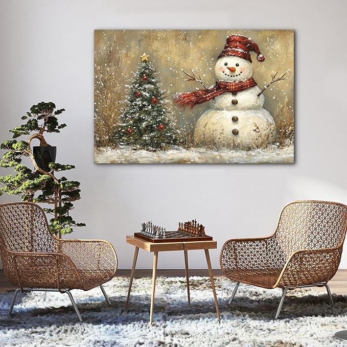 Vintage Christmas Canvas Wall Art Farmhouse Style Painting Home Decoration 32x48in,Christmas Tree Poster Funny Snowman Picture Print Retro Winter Snowy Artwork for Living Room Bedroom Ready to Hang
