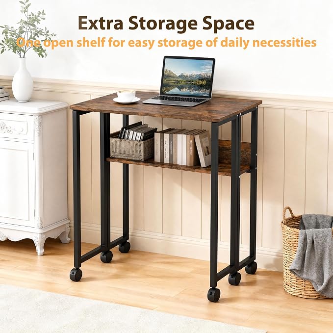 Folding Desk Small Rolling Desk with Storage Shelf,24.8 Inch Foldable Computer Table with Wheels,Portable Office Desk for Small Space Sofa Table,Easy to Fold,Writing Work Office Computer Desk,Walnut