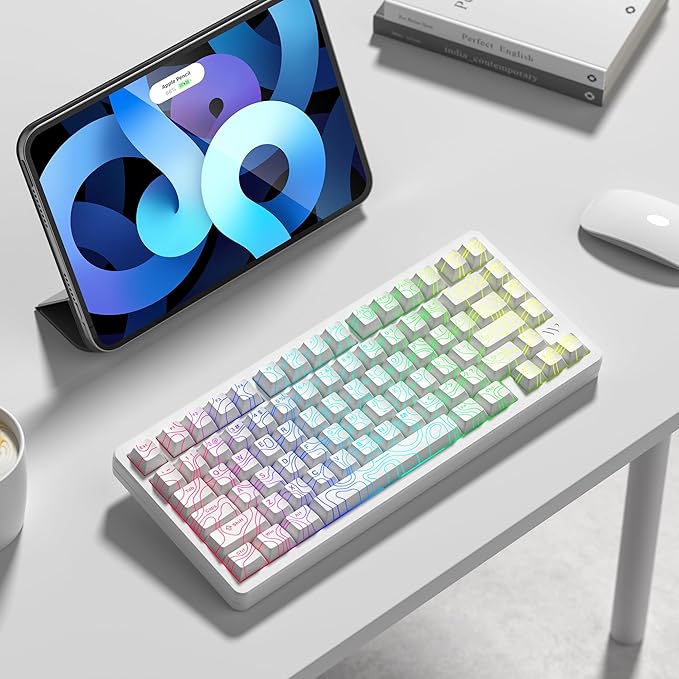 dagaladoo Double Shot PBT keycaps 119 Keys Set White Topographic Shine Through Custom keycaps Cherry Profile Custom Keyboard Key caps for 60/65/75/TKL/96/100% US Layout Mechanical Keyboard