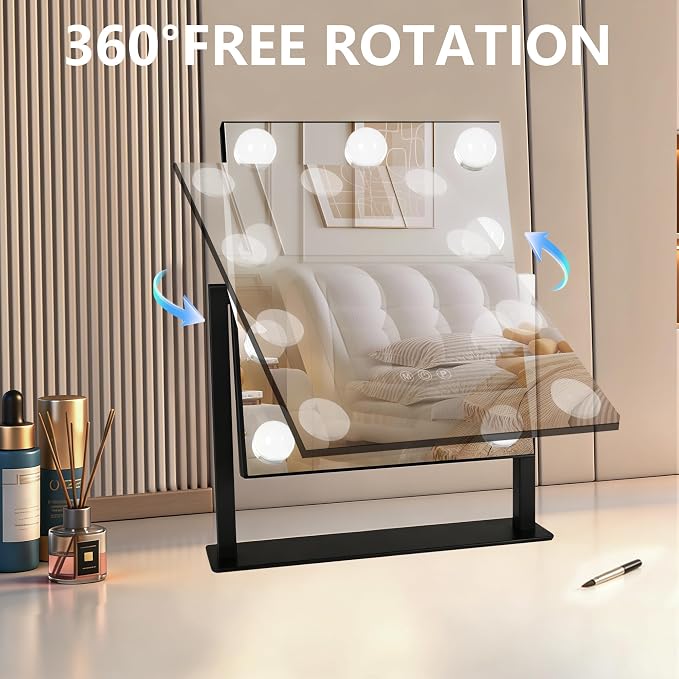 Moonee Vanity Mirror with Lights, Black Hollywood Lighted Makeup Mirror with 9 Dimmable Bulbs and 10X Magnification 360°Rotation, 3 Colors Modes, Light Up Mirror for Tabletop(12" x 14")