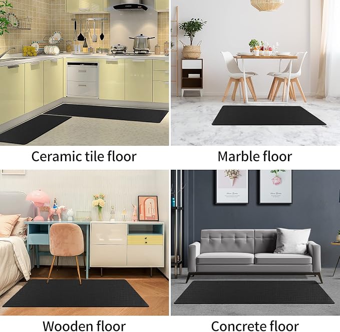 Kitchen Mats and Rugs Set of 2 - Cushioned Anti-Fatigue Kitchen Rug for Floor Washable 17"x29" +17"x59", Black