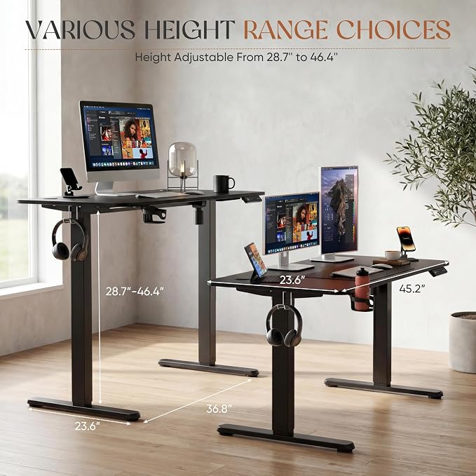 Furmax Electric Standing Desk, 45 x 24 Inches Height Adjustable Sit Stand up Desk, Memory Preset Computer Home Office Desks with Sturdy Metal Frame, Phone Stand Cable Management Hole (Black, 45'')