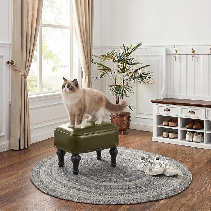 Cmishe Ottoman Leather Footrest, Vintage Footstool with Hidden Storage, Thickened Foam Upholstered Seat, Solid Beechwood Legs, Under Desk Shoe Bench Small Bench for Living Room Dining Room (Green)